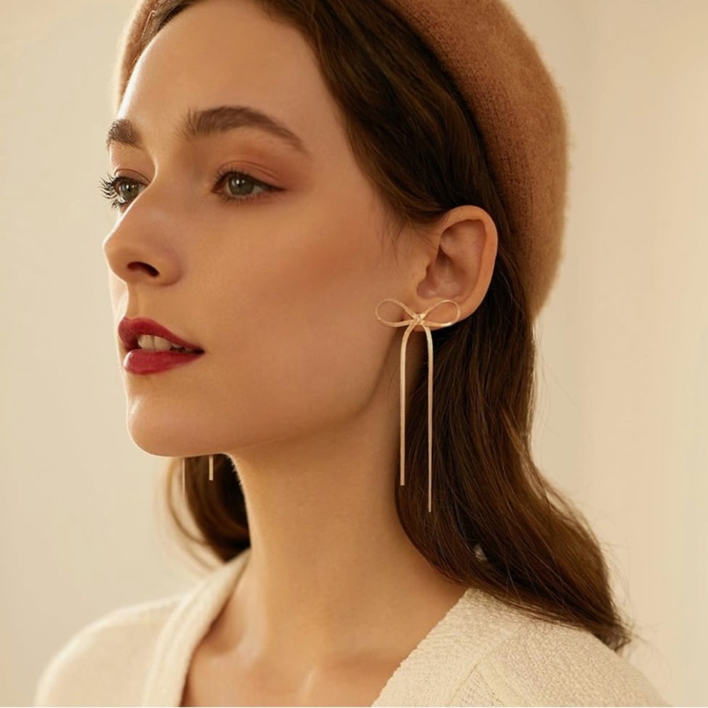 New 14K Gold Plated Bow Tassel Drop Earrings Long Chain